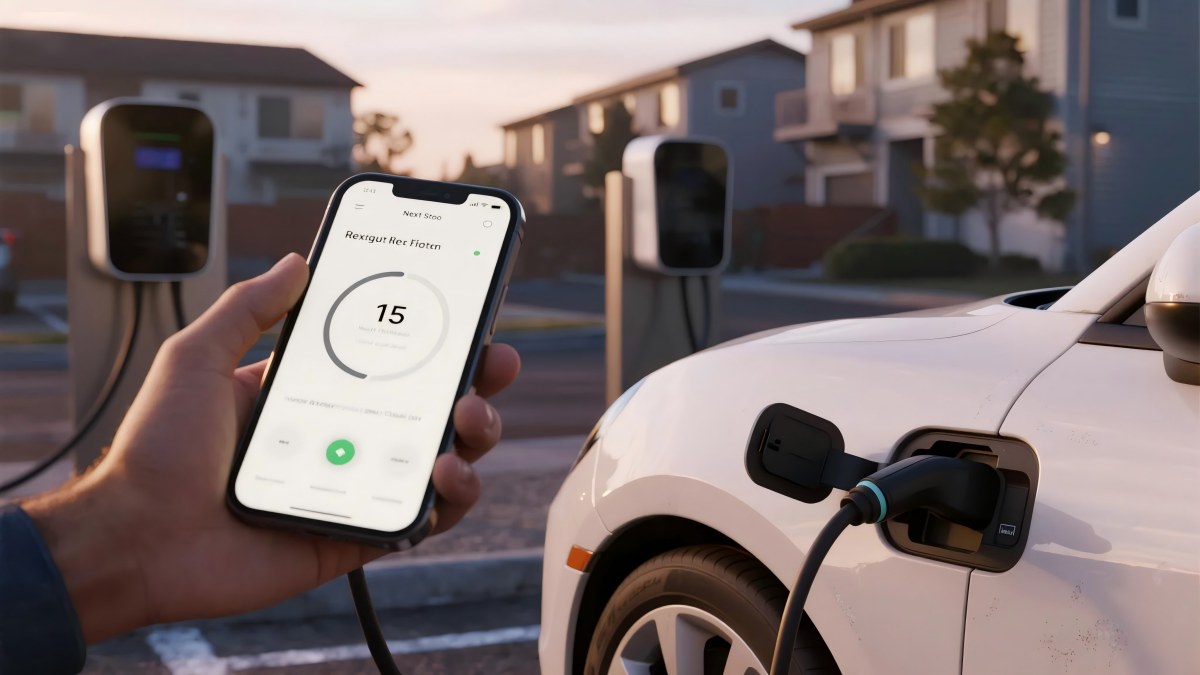 EV charging at dusk with range and next charger shown on a phone map