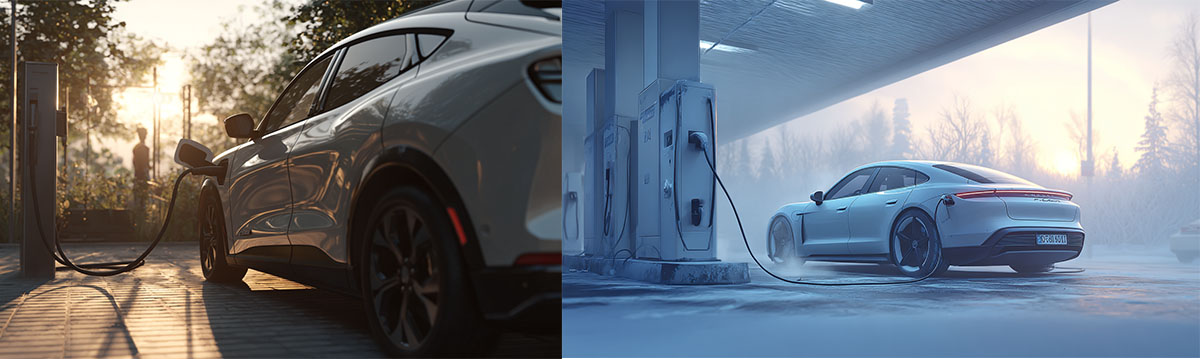 Side-by-side EV scenes in winter cold and summer heat showing range impact